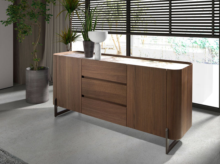 Credenza in noce e acciaio metallizzato scuro con piano in marmo porcellanato