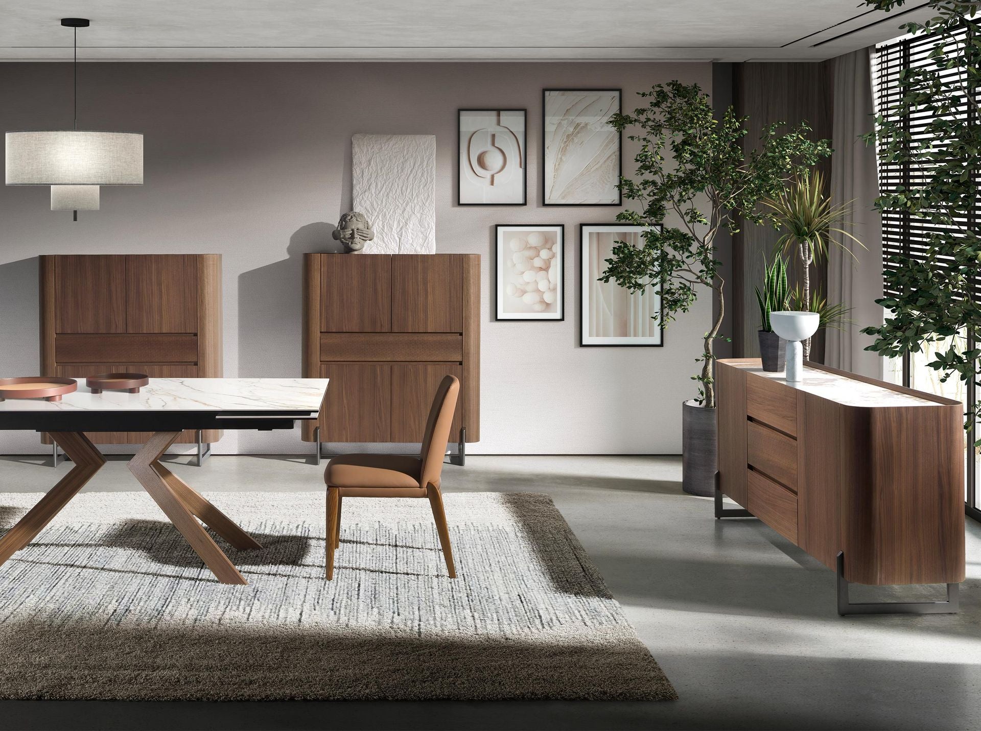 Credenza in noce e acciaio metallizzato scuro con piano in marmo porcellanato