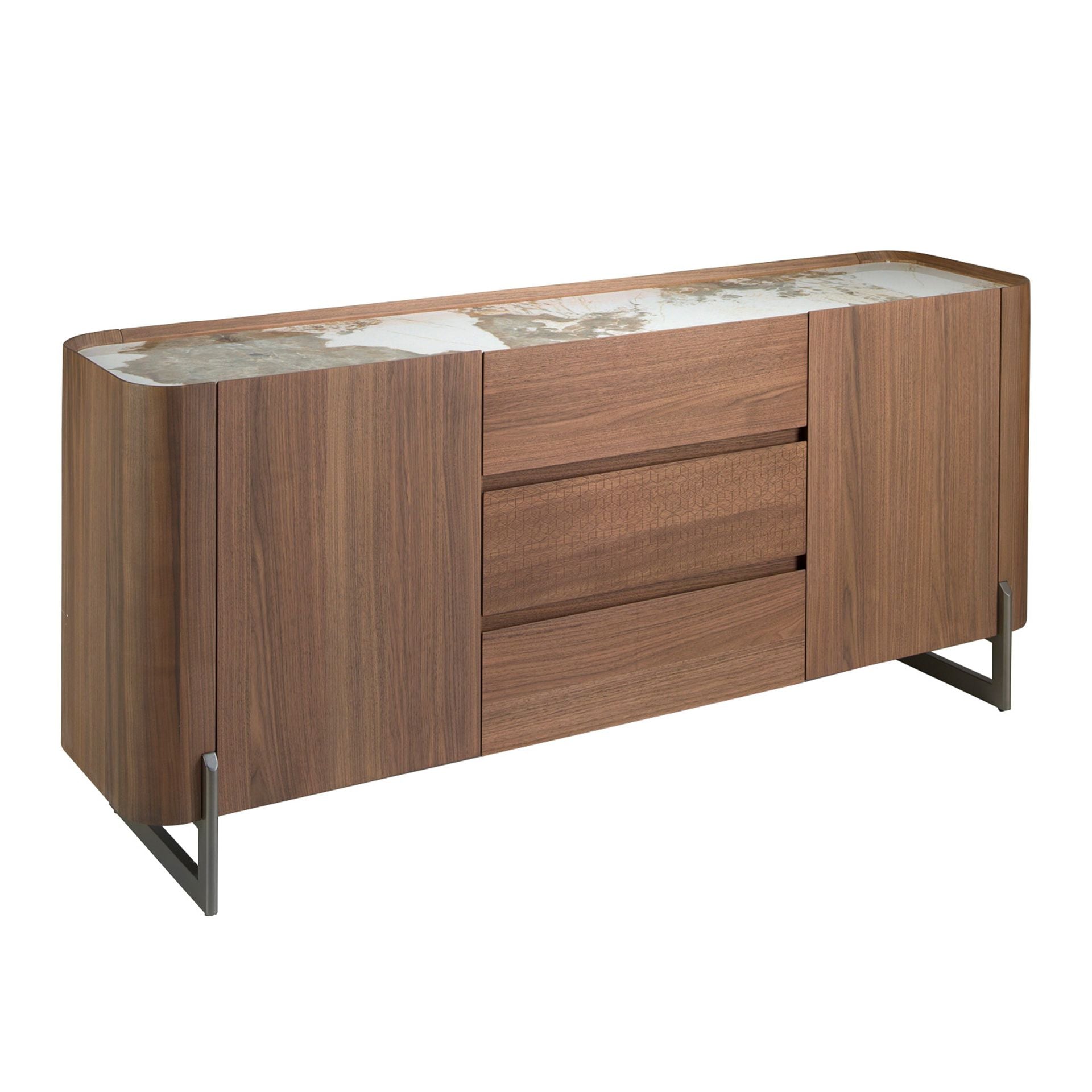 Credenza in noce e acciaio metallizzato scuro con piano in marmo porcellanato