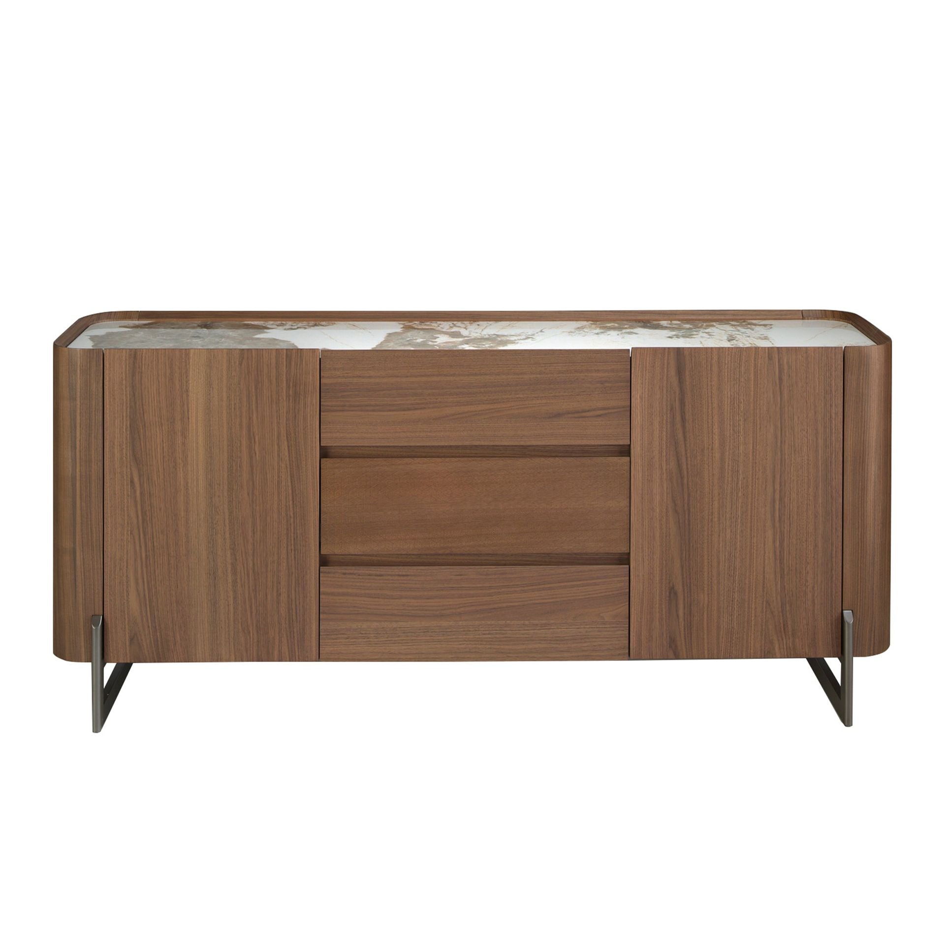 Credenza in noce e acciaio metallizzato scuro con piano in marmo porcellanato
