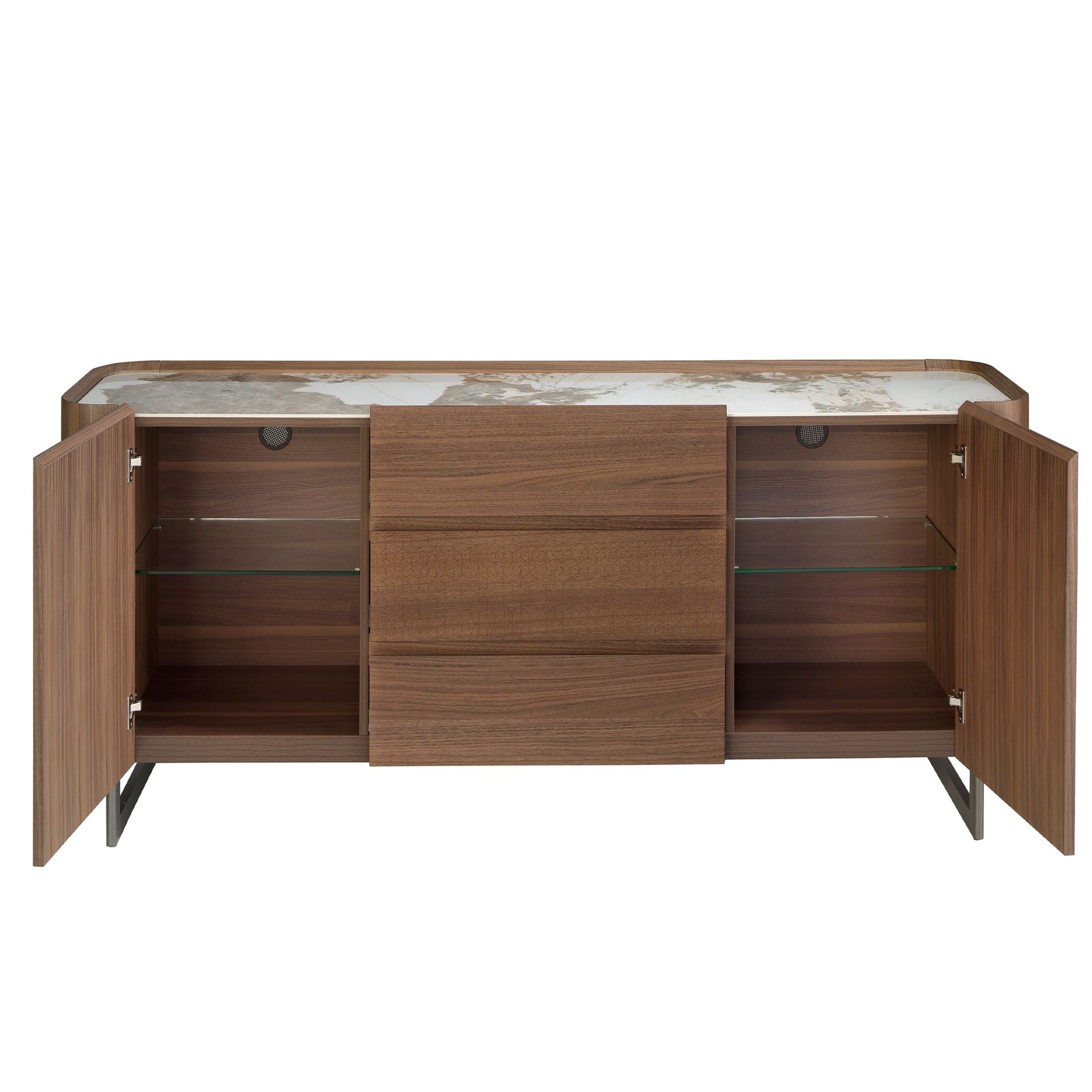 Credenza in noce e acciaio metallizzato scuro con piano in marmo porcellanato