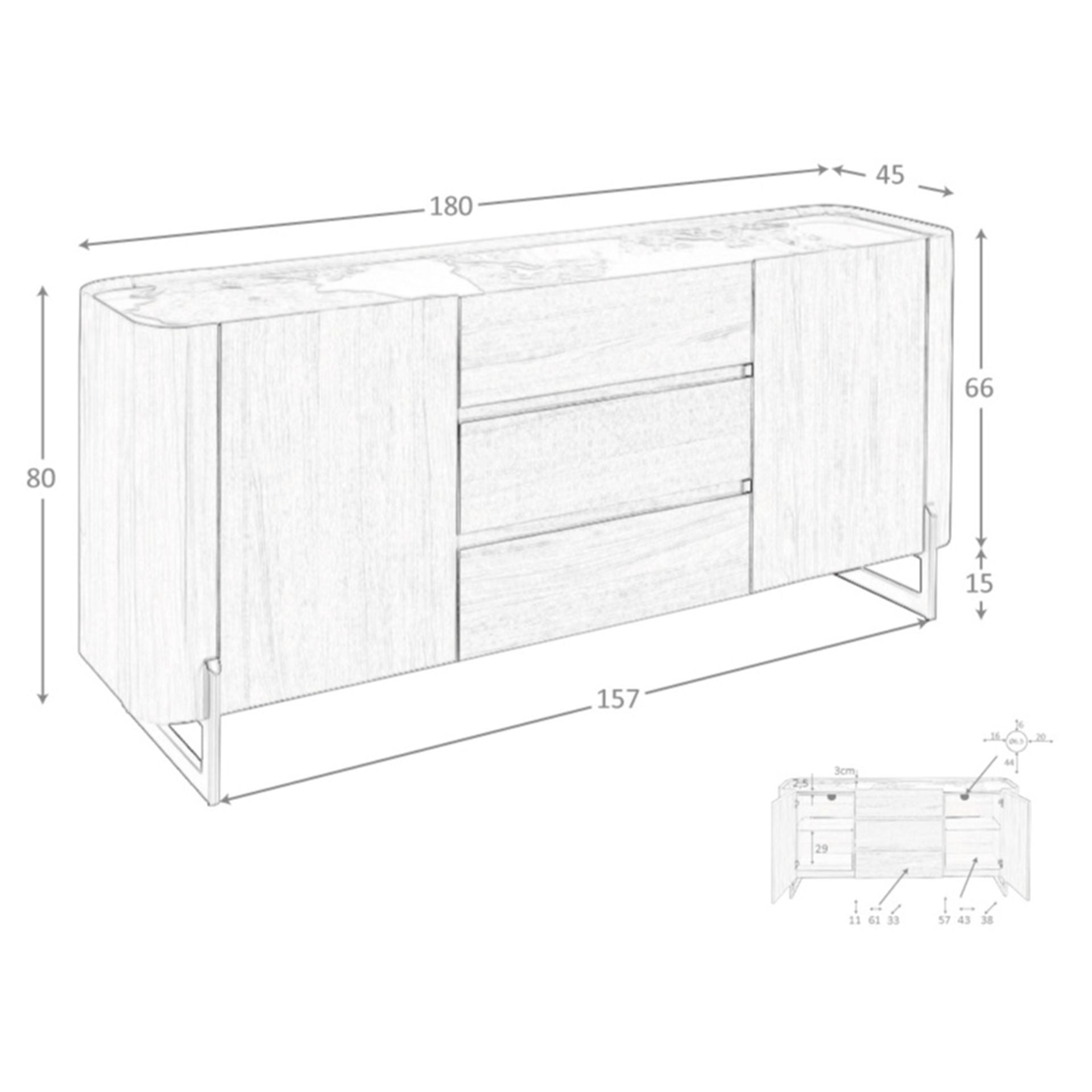 Credenza in noce e acciaio metallizzato scuro con piano in marmo porcellanato
