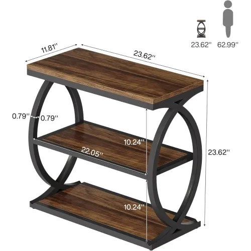 Tavolino basso fisso industriale farmhouse con 3 ripiani aperti in metallo e legno nero e marrone rustico 60 cm