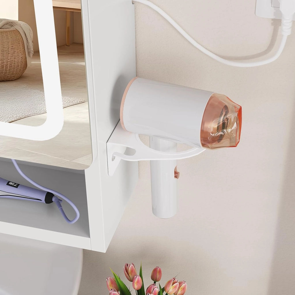 Specchio Bagno Contenitore con Luce LED e Presa Elettrica, Mobile Bagno a Specchio con 2 Ante e Gancio Asciugacapelli, 3 Temperature di Luce Dimmerabili a Touch, Ripiani Regolabili, Bianco