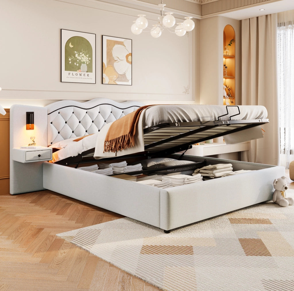 Letto imbottito ULEVR 180x200 cm beige con contenitore idraulico, USB e luci laterali integrate