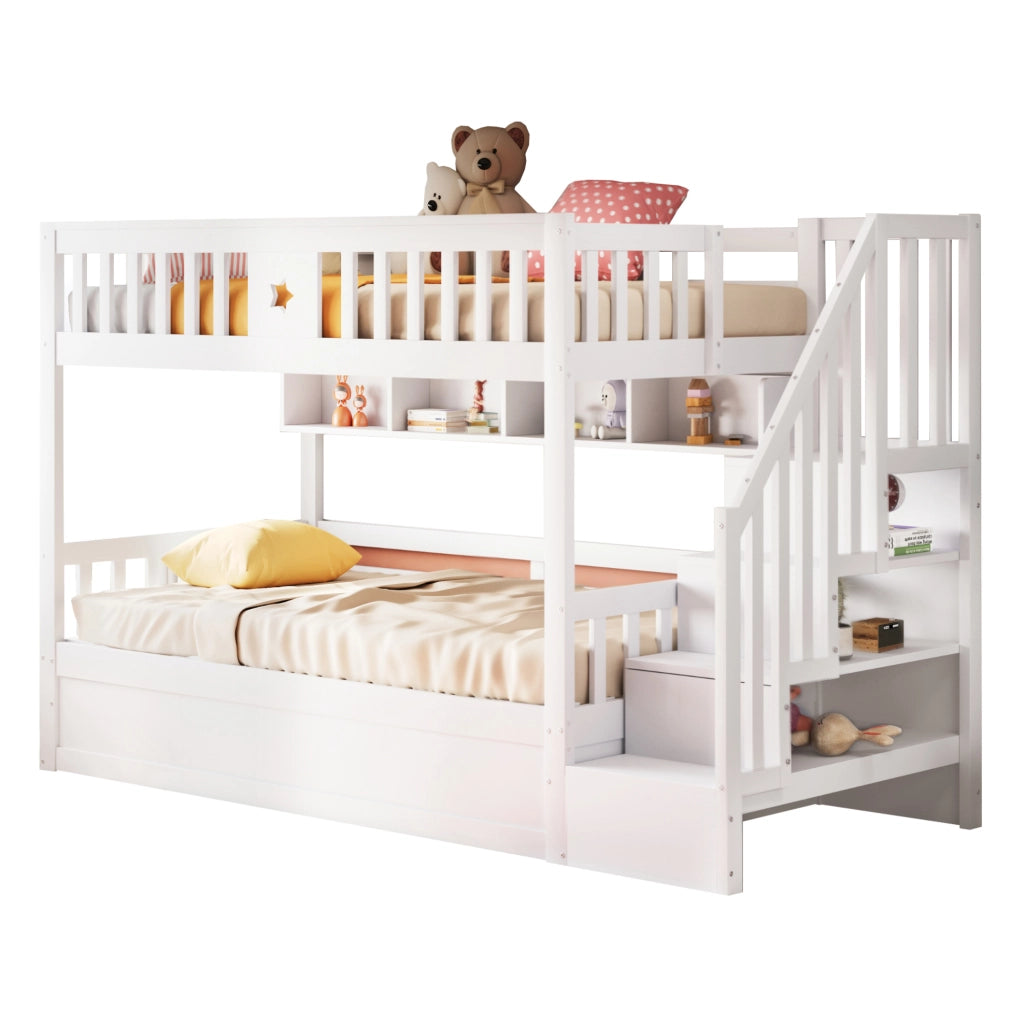 Letto a castello 90x200 cm in legno bianco con vano idraulico, scale contenitore e ripiani