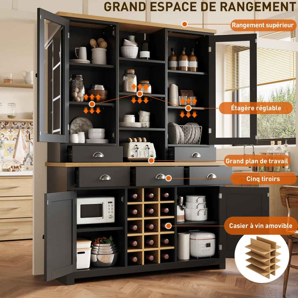 Credenza alta con vetrina 5 cassetti ripiano regolabile soft-close e portabottiglie estraibile per cucina e soggiorno