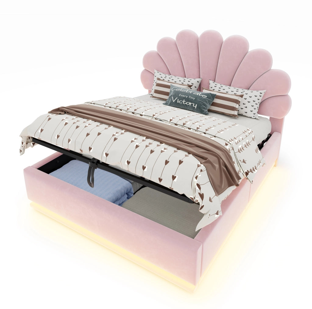 Letto imbottito 140x200 cm in velluto rosa con contenitore; testiera floreale e LED