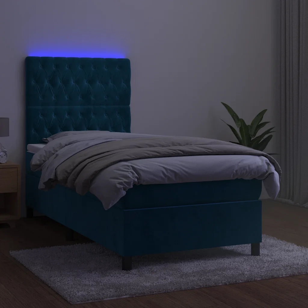 Letto a Molle con Materasso e LED Blu Scuro 90x190cm in Velluto 3136279