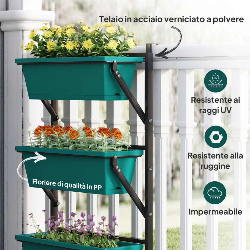 Fioriera da Esterno Verticale e 3 Vasi per Piante in Plastica con Fori di Drenaggio, 56x42x100 cm, Verde