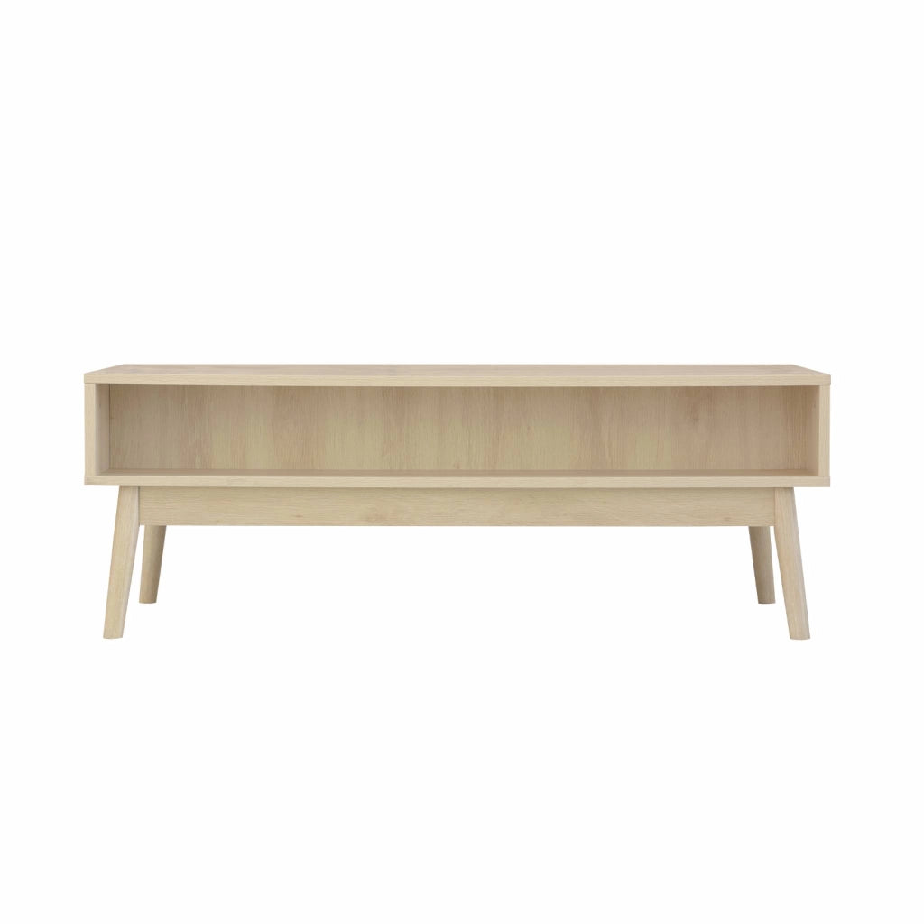 Tavolino scandinavo, decoro in legno scanalato, 2 nicchie, 1 cassetto,