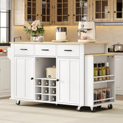Isola da cucina mobile con piano estraibile, 3 cassetti, portabottiglie e presa USB, 136(223)x50x93 cm, MDF, Natural/White