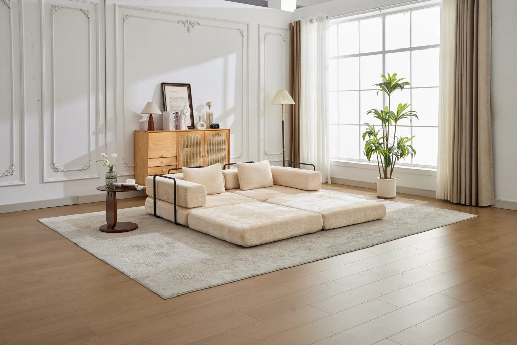 Divano letto modulare pieghevole senza montaggio in ciniglia beige per salotto camera ufficio e sala giochi