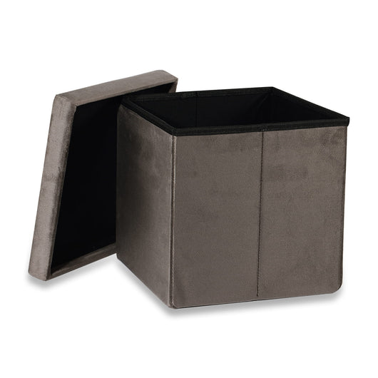 Pouf pieghevole VALORA con contenitore - Velluto grigio, taglia M, 30x30x30cm