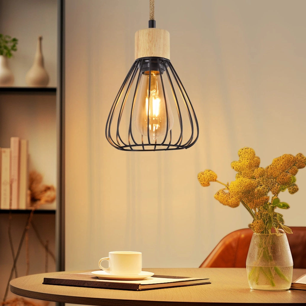 Lampada a Sospensione ZMH nera retro in corda di canapa e legno E27 per sala da scala