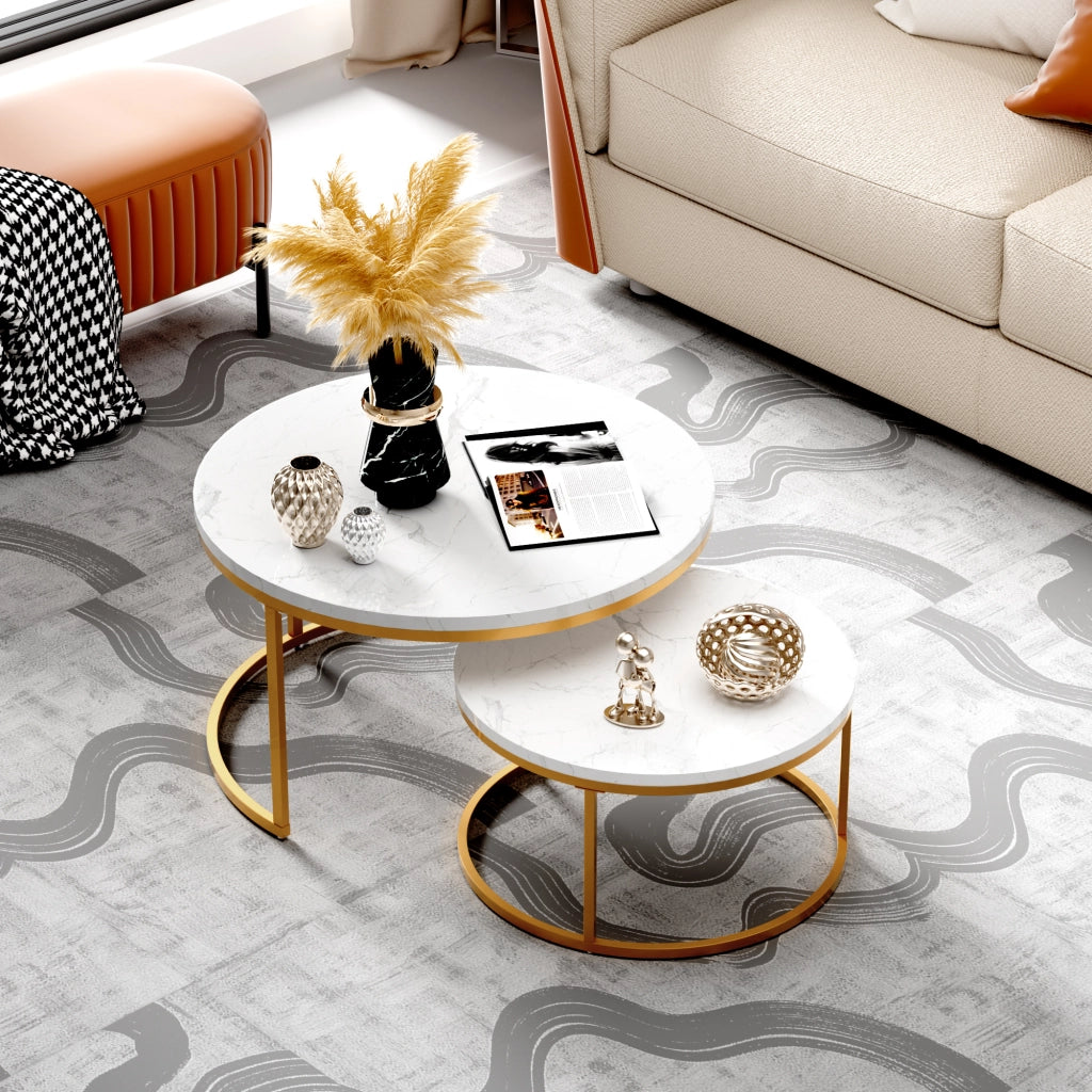 TAVOLINO DA CAFFÈ Set 2 Pezzi 80x45 cm Effetto Marmo Bianco con Struttura color oro