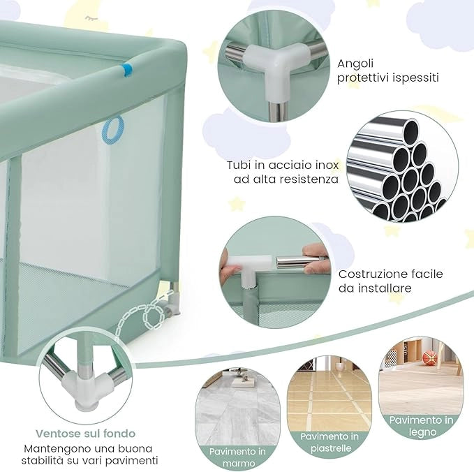 Recinto per Bambini, Box con Rete Traspirante, Centro Attività con 50 Palline, Giochi per 0-3 Anni (Verde, 200 x 180 cm)