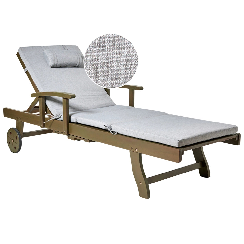 Lettino prendisole da esterno in legno di acacia scuro con cuscino Grigio melange stile rustico giardino terrazzo