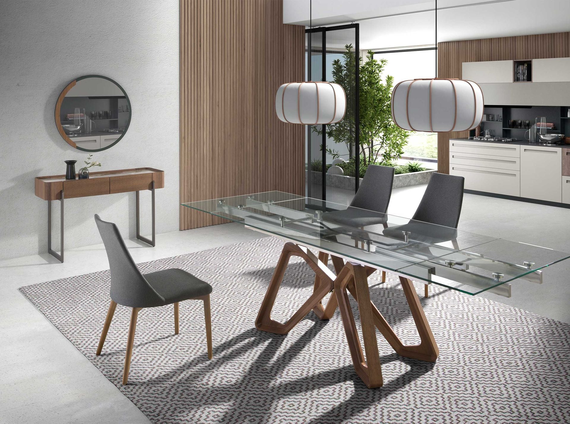 Consolle rettangolare in marmo porcellanato, noce e acciaio metallizzato scuro