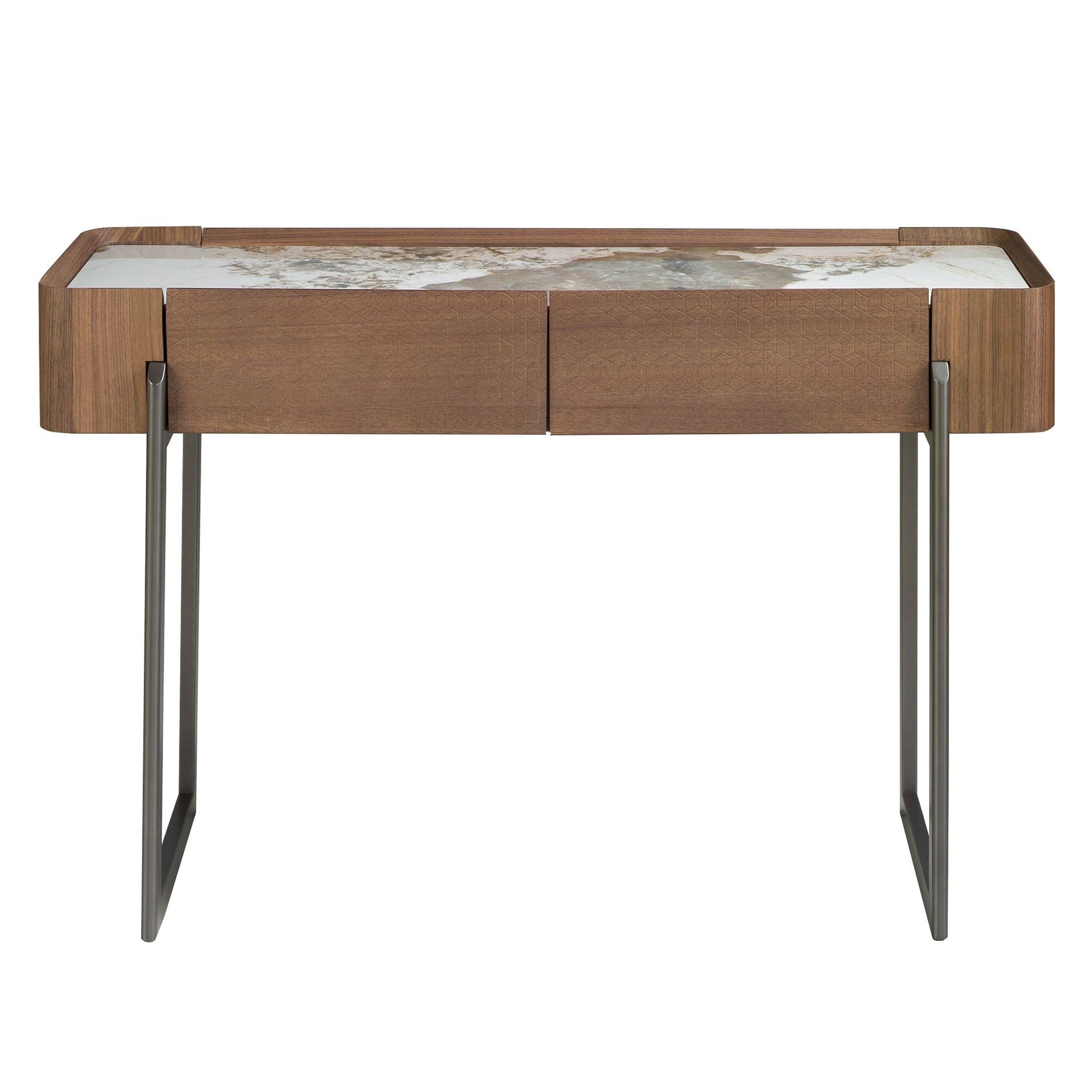 Consolle rettangolare in marmo porcellanato, noce e acciaio metallizzato scuro