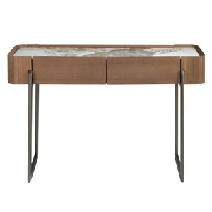 Consolle rettangolare in marmo porcellanato, noce e acciaio metallizzato scuro