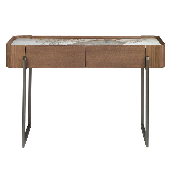 Consolle rettangolare in marmo porcellanato, noce e acciaio metallizzato scuro