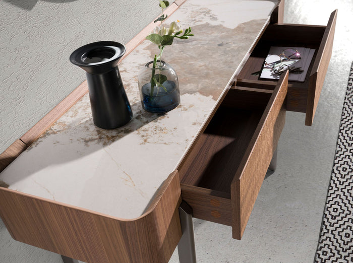 Consolle rettangolare in marmo porcellanato, noce e acciaio metallizzato scuro
