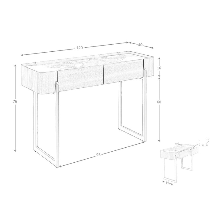 Consolle rettangolare in marmo porcellanato, noce e acciaio metallizzato scuro