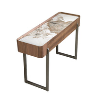 Consolle rettangolare in marmo porcellanato, noce e acciaio metallizzato scuro
