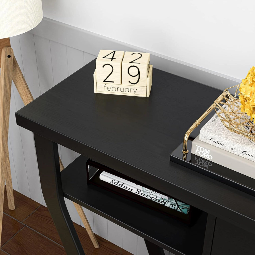 Tavolo Consolle, a 3 Ripiani, Stretto e Compatto, Cassetto con Manico, Console per Soggiorno, Salotto, Ingresso, Portata di 60 kg, 120x30x81cm, 3 Colori (Nero)