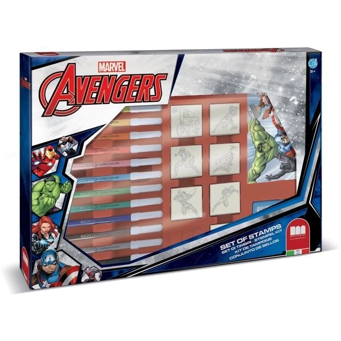 Scatola per timbri - MULTIPRINT - 4873 - Avengers - 7 timbri in legno e lattice, 12 pennarelli Giotto, righello, album da colorare