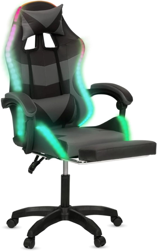 Sedia da gioco LUC LED con poggiapiedi, cuscino per la testa e supporto lombare in nero e grigio