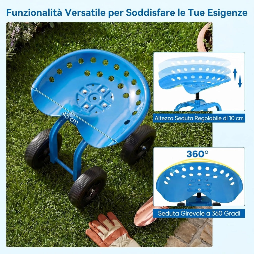 Sgabello con Ruote per Giardinaggio, Sedile con Ruote Regolabile in Altezza e Portatile, Seggiolino da Giardino, Prato e Cortile, Portata 150kg (Blu)