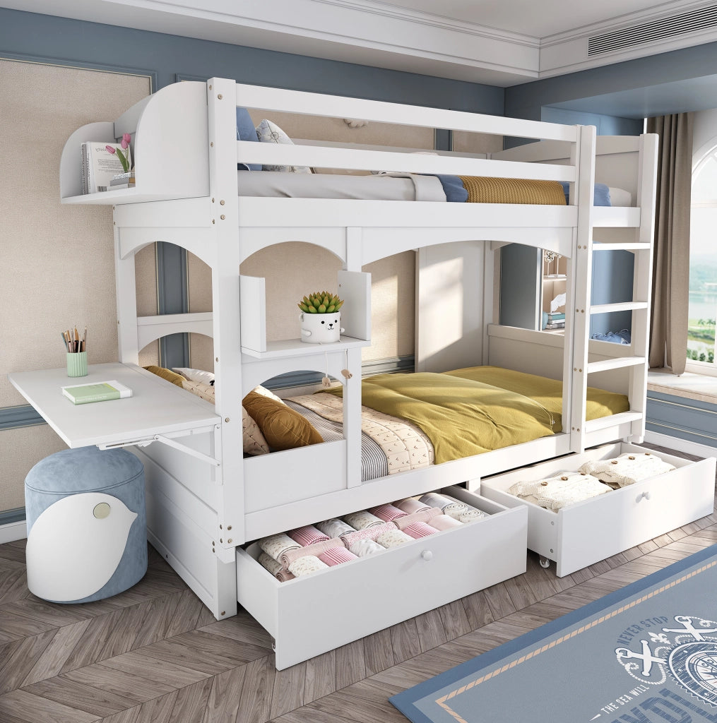Letto a castello per bambini 90x200 cm con scrivania pieghevole, ripiani e 2 cassetti