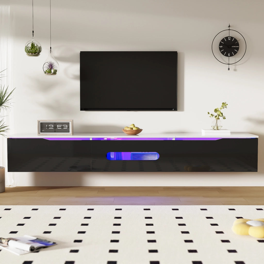 OKWISH Mobile TV con 3 Ante e LED, Montaggio a Parete o a Pavimento, per Soggiorno, MDF, Nero e Bianco, 180×35×30 cm