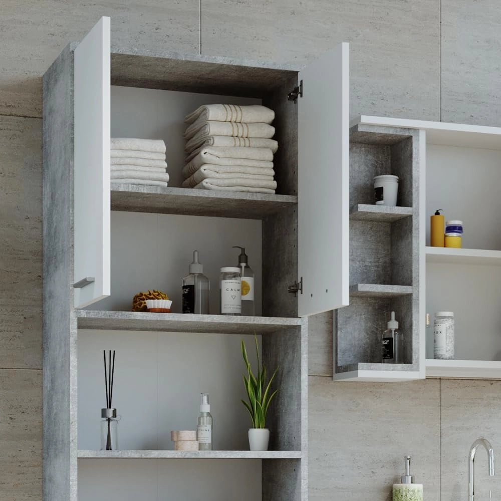 Mobile bagno alto Maris, Calcestruzzo, 56.1 x 190 cm, per la conservazione di accessori da bagno e ripiani regolabili in altezza