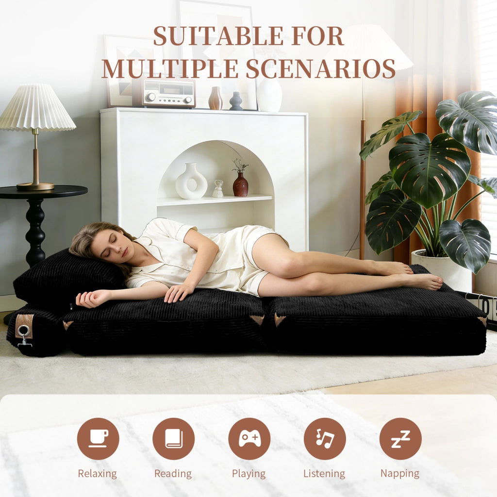 Divano letto pieghevole compatto con supporto ergonomico per piccoli spazi in flanella nera 52.0 × 42.0 × 33.0 cm