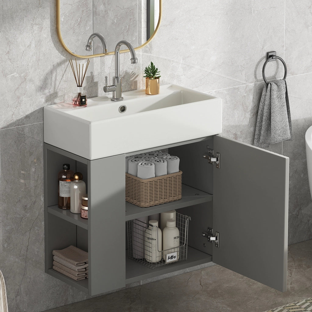 Mobile sottolavabo con lavabo in ceramica lucida, vani laterali e chiusura ammortizzata, per bagno, grigio e bianco