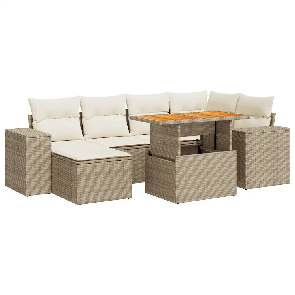 Set Divani da Giardino 7 pz con Cuscini Beige in Polyrattan