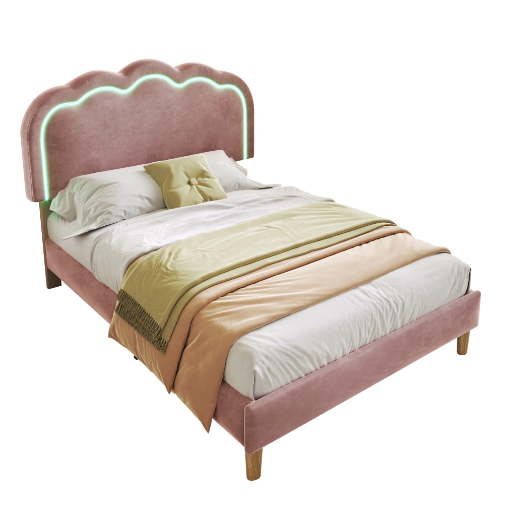 Letto Singolo 90 x 200 cm; Letto con Testiera Regolabile e LED; senza Materasso; in Velluto; Rosa