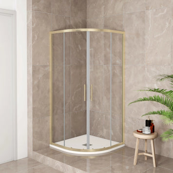 Box Doccia Semicircolare 80X80 cm H.190 Oro Spazzolato Porta Scorrevole Vetro 6 mm Trasparente Anticalcare, Piatto Doccia Bianco