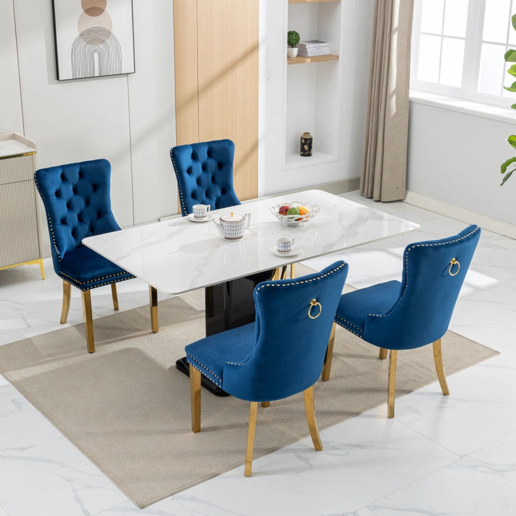 Sedie da Pranzo Imbottite in Velluto ¨C Xylo ¨C Legno Massello, Gambe Oro, Set 2 Pezzi, Blu