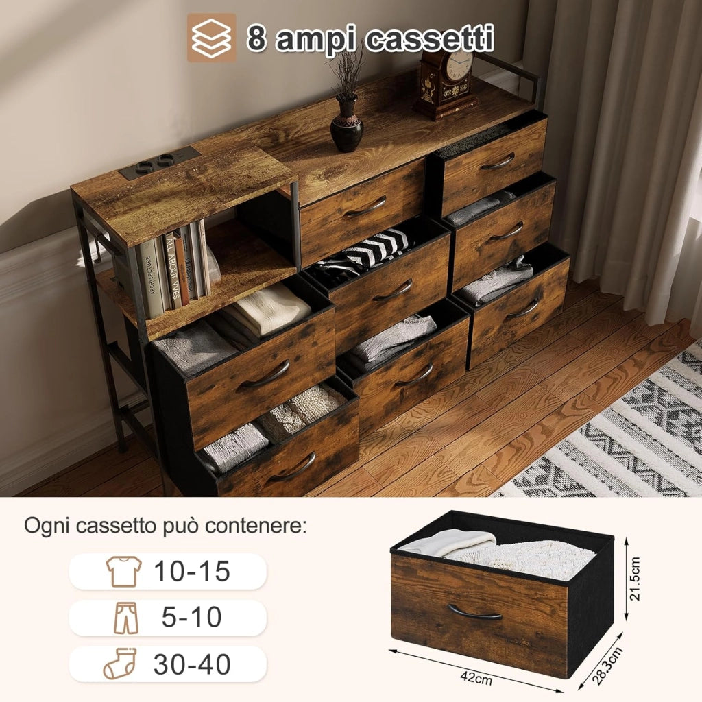 Cassettiera a 8 Cassetti in Tessuto, Cassettiera per Camera da Letto, con Sezione di Ricarica e Ganci, Piani Legno e Struttura in Metallo, Rovere Vintage+Nero