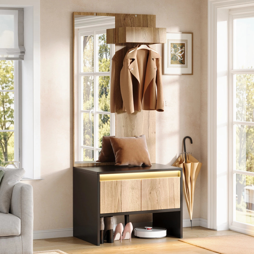 Set ingresso salvaspazio con appendiabiti, specchio, panca porta scarpe e 2 cassetti, colore naturale e nero, 60¡Á38¡Á145 cm
