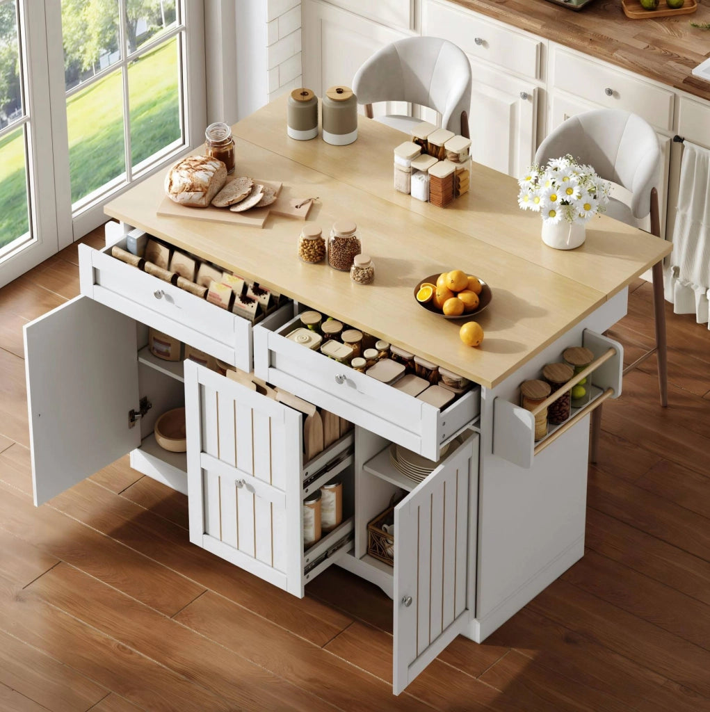 Isola cucina con piano ribaltabile 120x70x92 cm in MDF; naturale e bianco