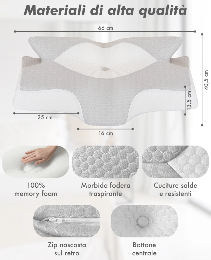 Cuscino Farfalla 6 Zone Ergonomico In Memory Foam 2 In 1 Ortopedico Guanciale Collo Supporto Cervicale Braccio Sotto Sfoderabile Lavabile Dormire Lateralmente Pancia Schiena