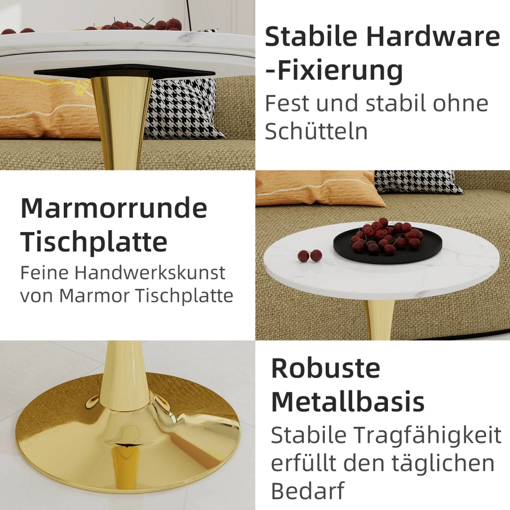 TAVOLO Rotondo Moderno Minimalista Effetto Marmo Bianco Oro