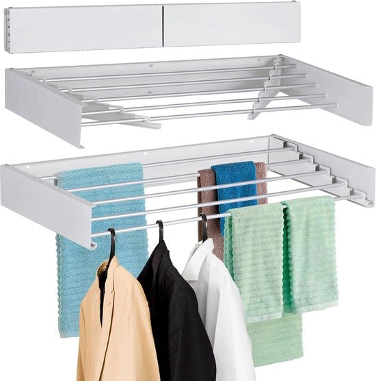 Wandgemonteerde opvouwbare droogrek, 80 cm largo, con 4,5 m e 5 stanghe in alluminio, punterino, chiave a stella lunga, capacità 27,2 kg, bianco