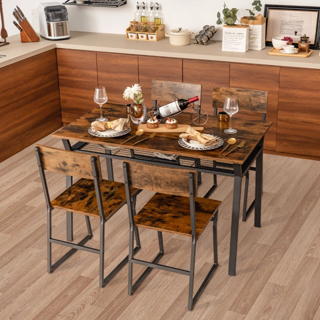 Set da tavolo da pranzo 5 pezzi, Tavolo da cucina con 4 sedie mensola portaoggetti e telaio in metallo Marrone-Tavoli e sedie da pranzo