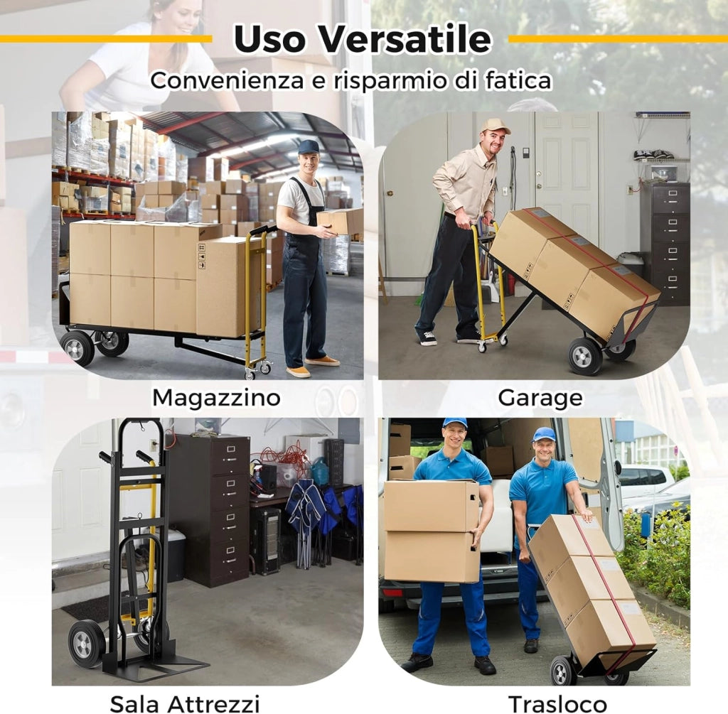 3 in 1 Carrello a Mano, Carrello Portapacchi con 4 Ruote in Gomma, Carrello Pieghevole per Trasporto e Spostamento in Magazzino, Casa, Portata Massima 450 kg